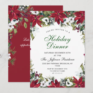 Festive Red Poinsettia Christmas Holiday Dinner Invitation