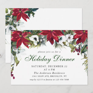 Festive Red Poinsettia Christmas Holiday Dinner Invitation