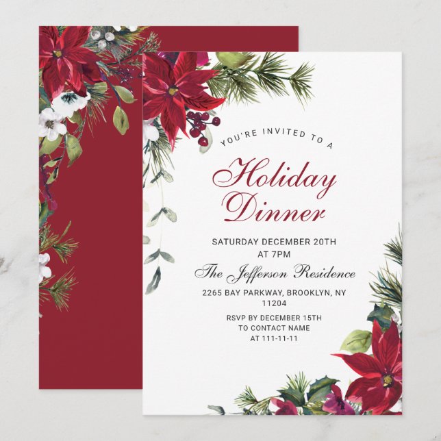 Festive Red Poinsettia Christmas Holiday Dinner Invitation (Front/Back)