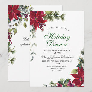 Festive Red Poinsettia Christmas Holiday Dinner Invitation