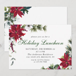 Festive Red Poinsettia Christmas Holiday Luncheon Invitation