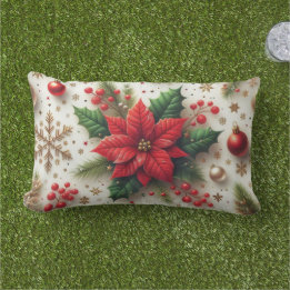 Festive Red Poinsettia Christmas  Lumbar Pillow