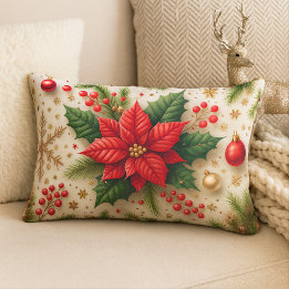 Festive Red Poinsettia Christmas Lumbar Pillow