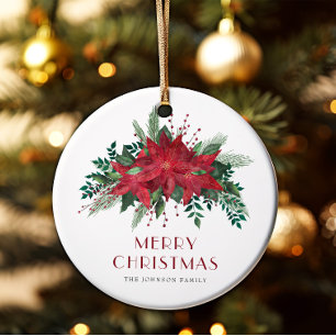 Festive Red Poinsettia Floral Merry Christmas Ceramic Ornament