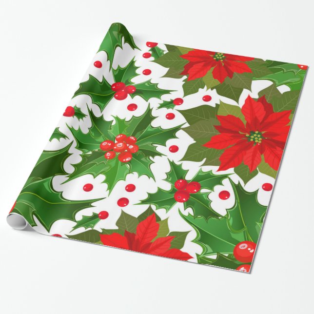 Festive Red Poinsettia Flower & Christmas Holly Wrapping Paper (Unrolled)