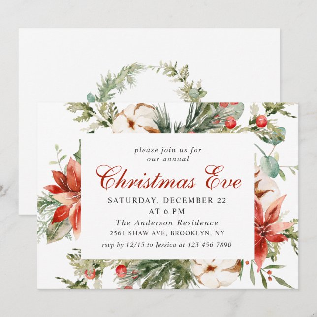 Festive Red Poinsettia Holiday Christmas Eve Party Invitation (Front/Back)