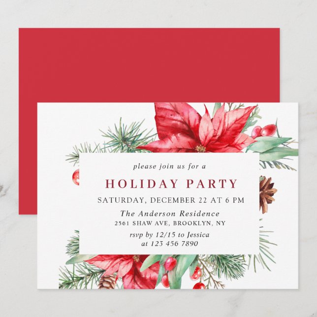 Festive Red Poinsettia Holiday Christmas Party Inv Invitation (Front/Back)
