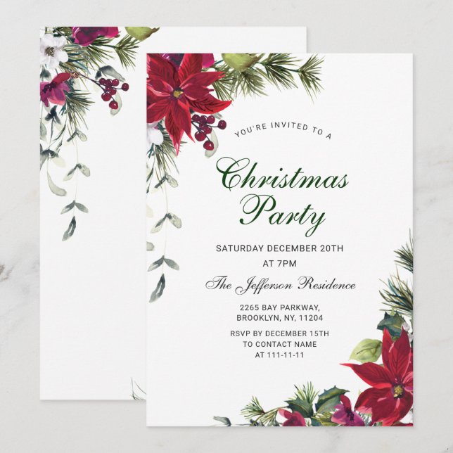 Festive Red Poinsettia Holiday Christmas Party Inv Invitation (Front/Back)