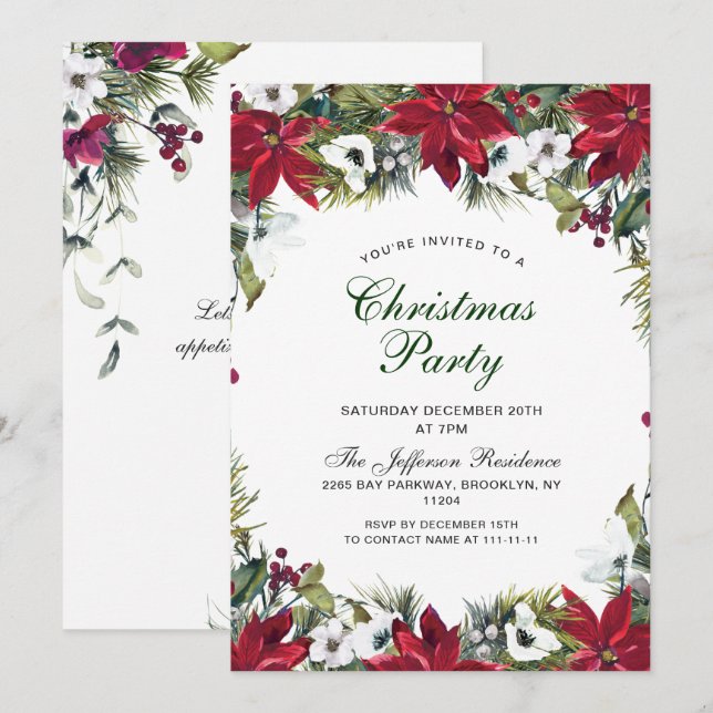 Festive Red Poinsettia Holiday Christmas Party Invitation (Front/Back)