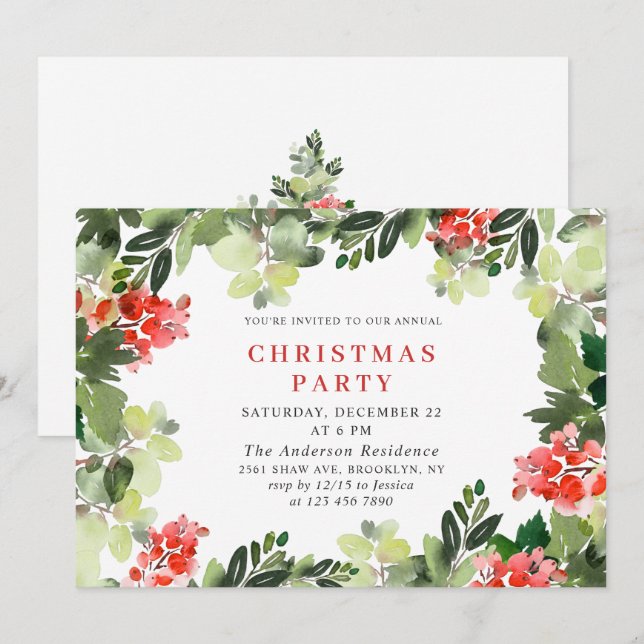 Festive Red Poinsettia Holiday Christmas Party Invitation (Front/Back)
