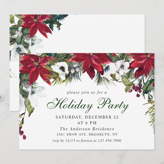 Festive Red Poinsettia Holiday Christmas Party Invitation (Front/Back)