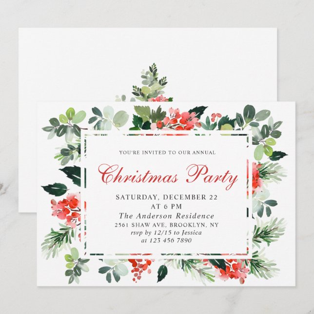 Festive Red Poinsettia Holiday Christmas Party Invitation (Front/Back)