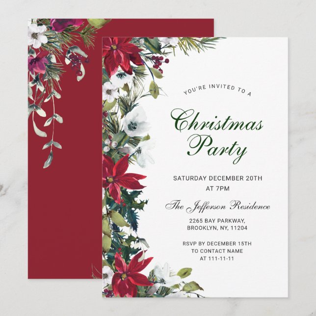 Festive Red Poinsettia Holiday Christmas Party Invitation (Front/Back)