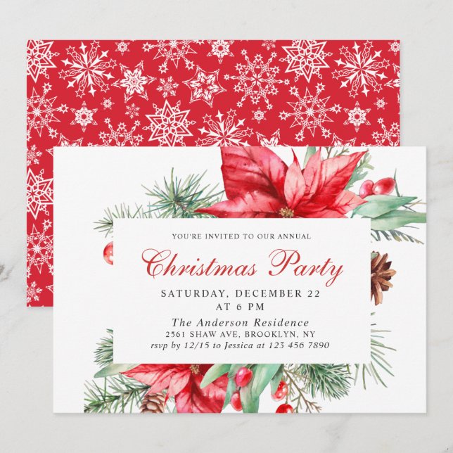 Festive Red Poinsettia Holiday Christmas Party Invitation (Front/Back)