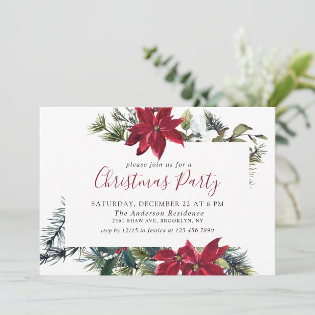 Festive Red Poinsettia Holiday Christmas Party Invitation (Standing Front)