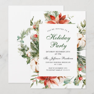Festive Red Poinsettia Holiday Christmas Party Invitation