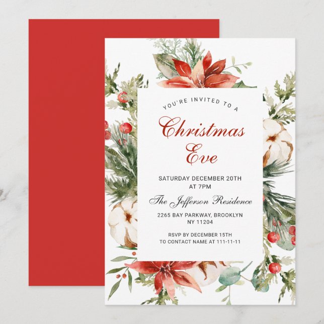 Festive Red Poinsettia Holiday Christmas Party Invitation (Front/Back)