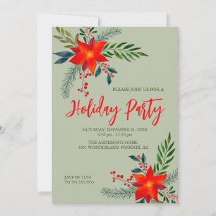  Festive Red Poinsettia Holiday Party Watercolor  Invitation