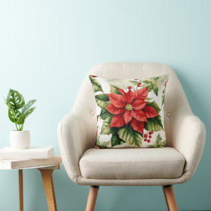Festive Red Poinsettia Holly Berries Christmas Throw Pillow