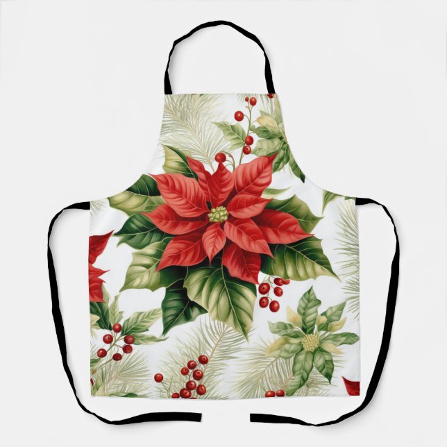 Festive Red Poinsettia Holly Berry Christmas Apron (Front)