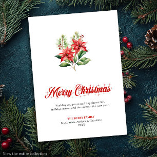 Festive Red Poinsettia Script Font Greeting Card