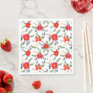 Festive Red Pointsettia Floral Watercolor. Napkin