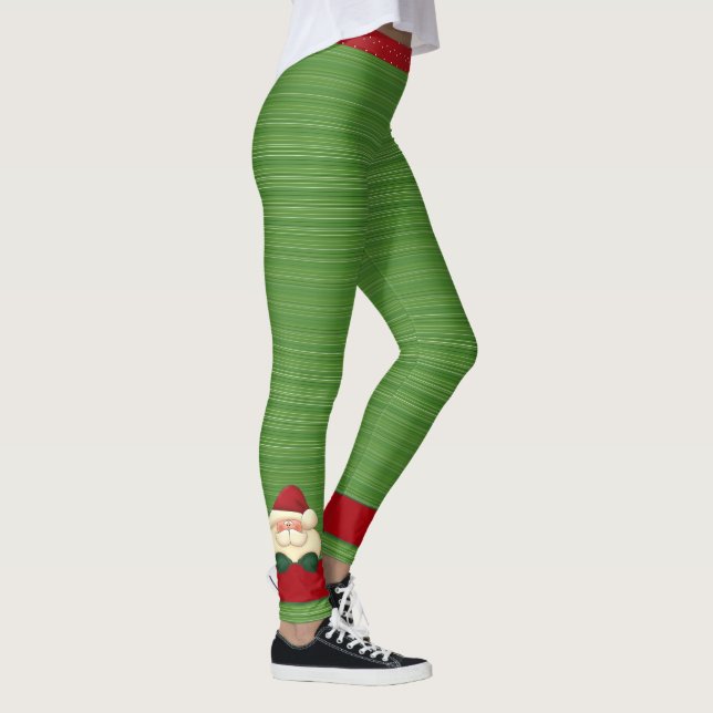 Festive Red Polka Dots and Green Stripes Santa Leggings (Right)