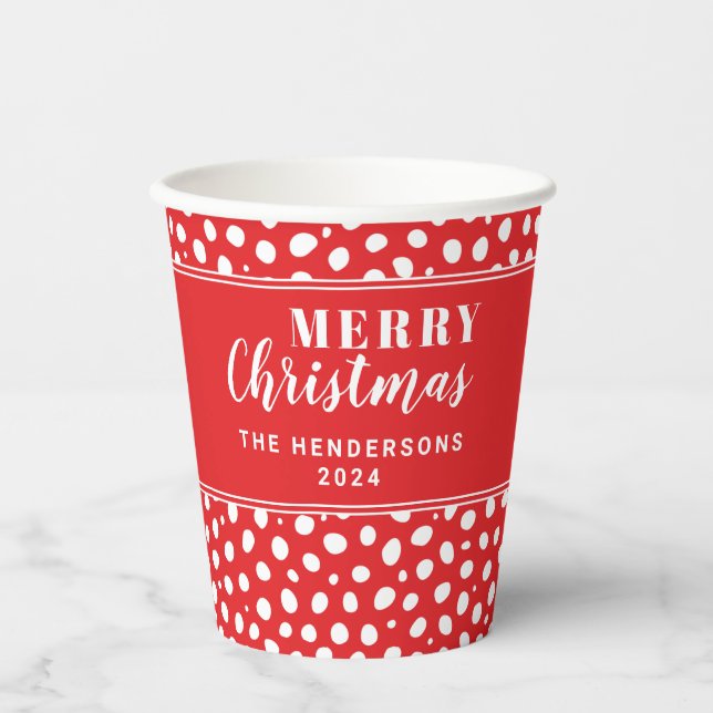 Festive Red Polka Dots Personalized Christmas Paper Cups (Front)