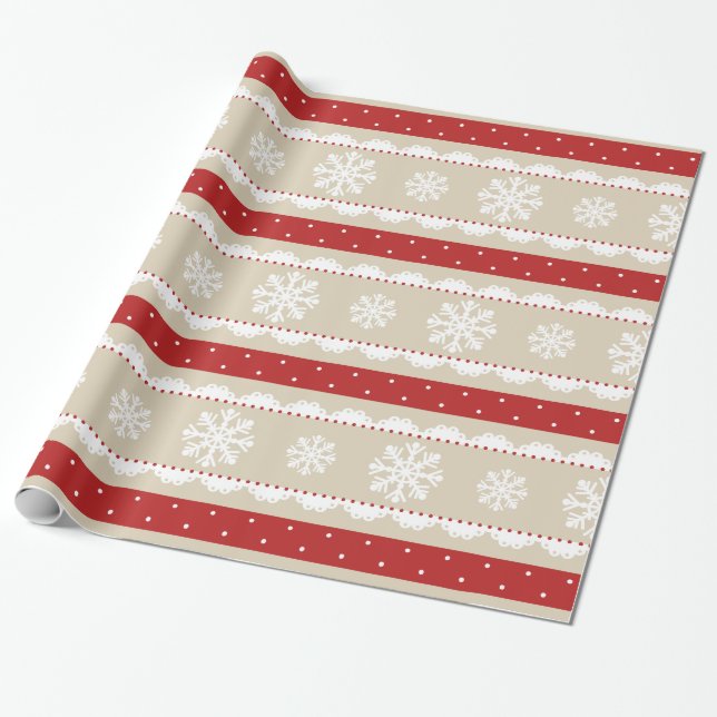Festive Red Polka Dots White Snowflakes Pattern Wrapping Paper (Unrolled)