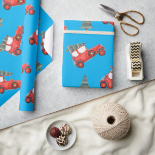 Festive Red Retro Car & Christmas Tree Pattern Wrapping Paper