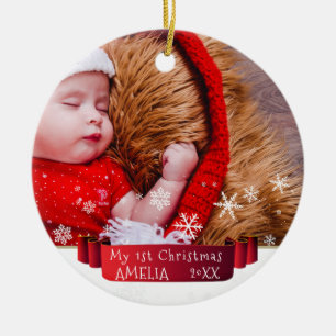 Festive Red Ribbon Baby`s First Christmas Photo Ceramic Ornament