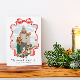 Festive Red Ribbon Greenery Photo Flat Holiday Card