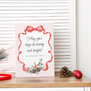 Festive Red Ribbon Greenery Pink Flat Holiday Card