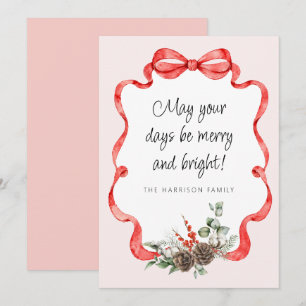 Festive Red Ribbon Greenery Pink Flat Holiday Card