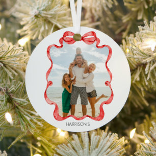 Festive Red Ribbon Photo Metal Ornament