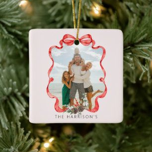 Festive Red Ribbon Photo Pink Ceramic Ornament