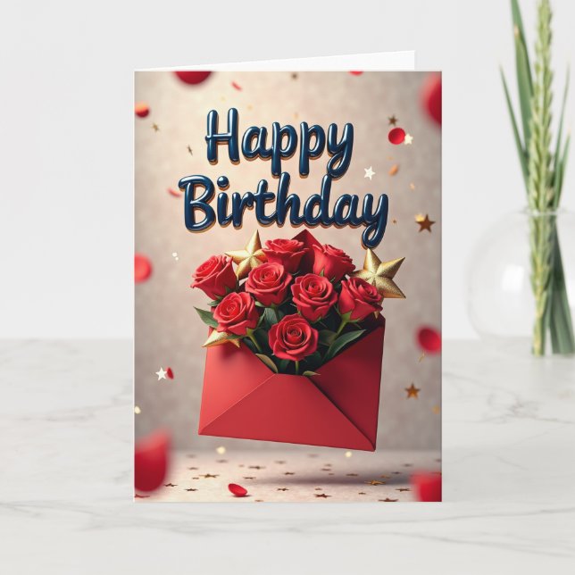 Festive Red Rose Birthday Card (Front)