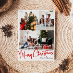 Festive Red Scrip Vertical 3 Photo Christmas Holiday Card<br><div class="desc">Celebrate the season with this festive red script vertical 3 photo Christmas holiday card featuring a touch of elegant charm. The chic design showcases a simple red-and-white colour palette, evoking the cozy spirit of winter. Its modern and unique appeal and rustic wording create a perfect balance between seasonal and contemporary....</div>