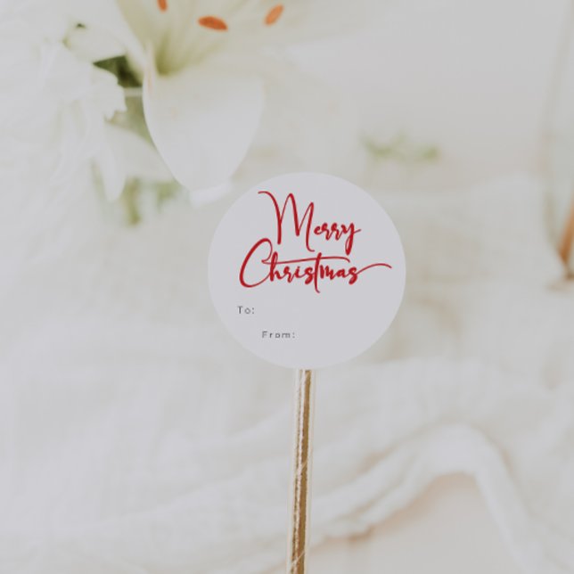 Festive Red Script Merry Christmas Gift Classic Round Sticker (Creator Uploaded)