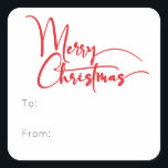 Festive Red Script Merry Christmas To From Square Sticker<br><div class="desc">Celebrate the season with this festive red script Merry Christmas to from square sticker featuring a touch of elegant charm. The chic design showcases a simple red-and-white colour palette, evoking the cozy spirit of winter. Its modern and unique appeal and rustic wording create a perfect balance between seasonal and contemporary....</div>