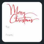 Festive Red Script Merry Christmas To From Square Sticker<br><div class="desc">Celebrate the season with this festive red script Merry Christmas to from square sticker featuring a touch of elegant charm. The chic design showcases a simple red-and-white colour palette, evoking the cozy spirit of winter. Its modern and unique appeal and rustic wording create a perfect balance between seasonal and contemporary....</div>
