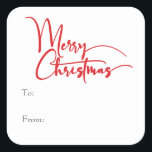 Festive Red Script Merry Christmas To From Square Sticker<br><div class="desc">Celebrate the season with this festive red script Merry Christmas to from square sticker featuring a touch of elegant charm. The chic design showcases a simple red-and-white colour palette, evoking the cozy spirit of winter. Its modern and unique appeal and rustic wording create a perfect balance between seasonal and contemporary....</div>