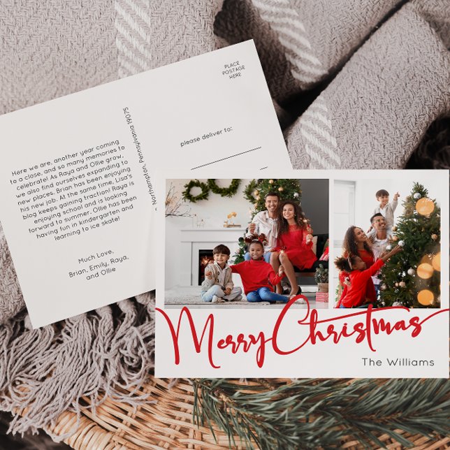 Festive Red Script Merry Christmas Two Photo Holiday Postcard (Creator Uploaded)