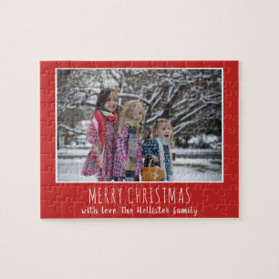 Festive Red Script Photo Christmas Holiday Jigsaw Puzzle