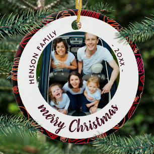 Festive Red Shapes Family Photo Merry Christmas Ceramic Ornament