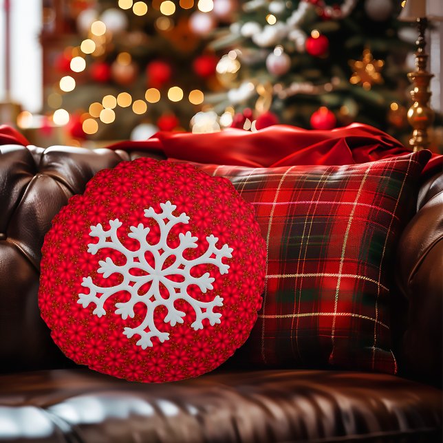 Festive Red Snowflake Decorative Accent  Round Pillow (Classic Red and White Snowflake Round Decorative Pillow)