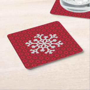 Festive Red Snowflake Decorative Accent  Square Paper Coaster