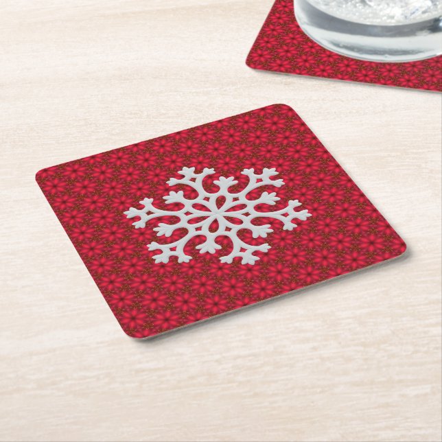 Festive Red Snowflake Decorative Accent  Square Paper Coaster (Angled)