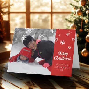 Festive Red Snowflake Merry Christmas Photo Holiday Card