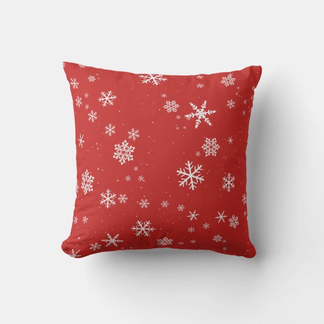 Festive Red Snowflake Pattern Winter Throw Pillow (Front)